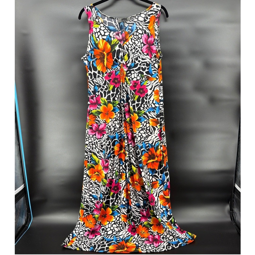Slinky Brand Maxi Dress Womens L Floral Animal Print Twist Front Made USA